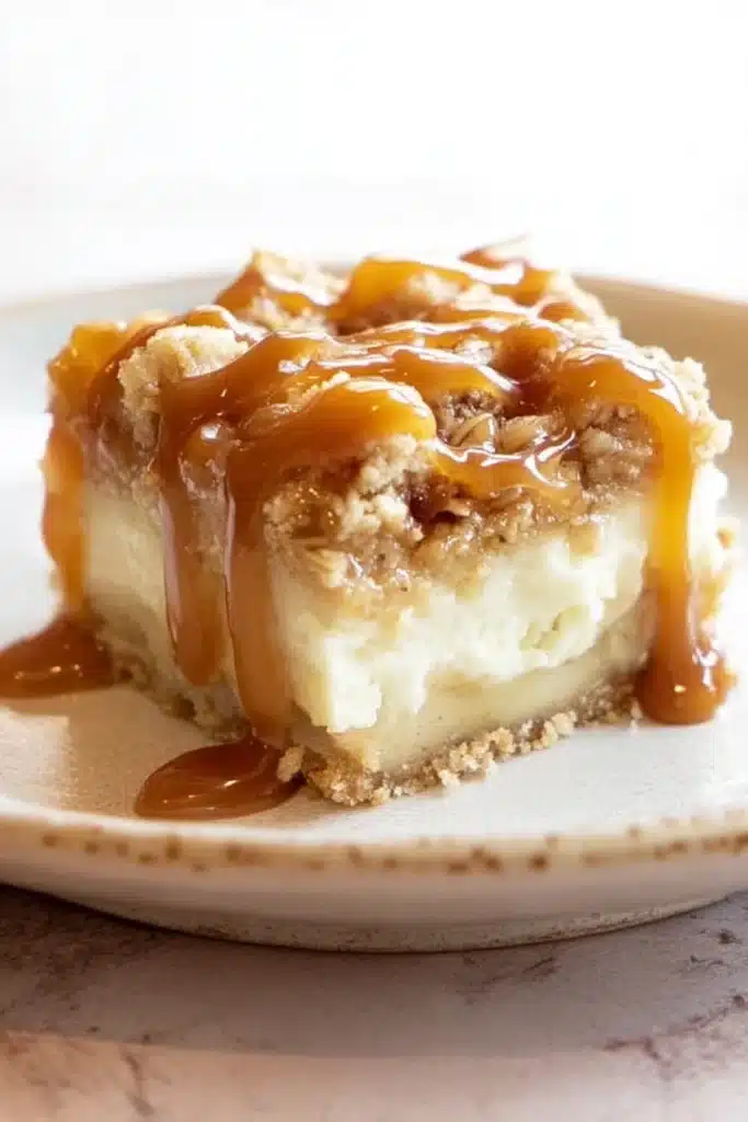 The best Caramel Apple Cheesecake Bars with streusel and caramel drizzle