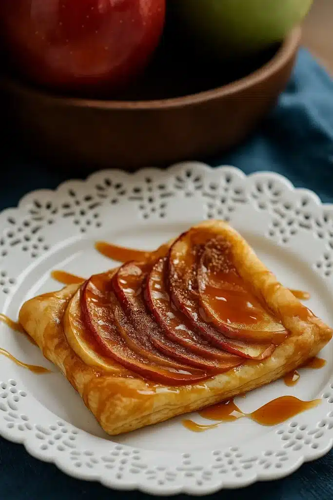 Caramel Apple Puff Pastries on a white lace plate with caramel drizzle