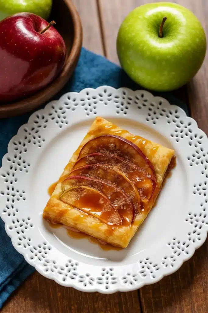 Caramel Apple Puff Pastries on lace plate with caramel drizzle