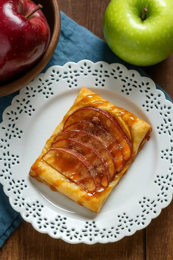Caramel Apple Puff Pastries on lace plate with caramel drizzle