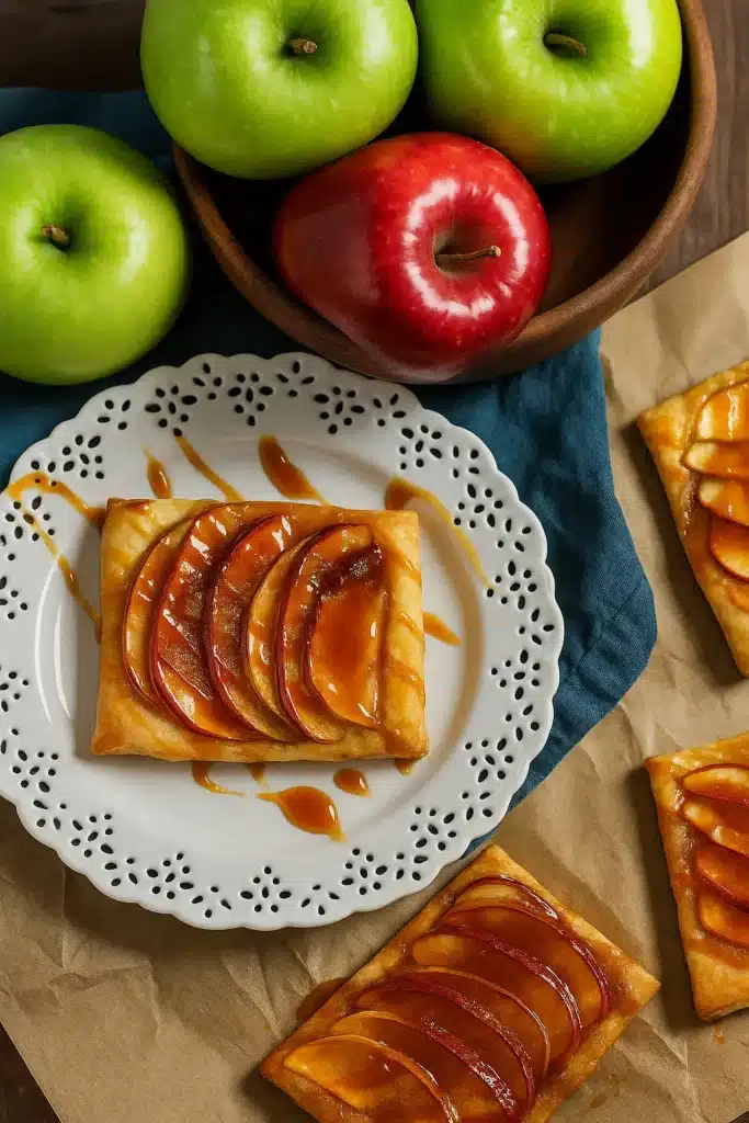 Caramel Apple Puff Pastries on a plate with caramel drizzle