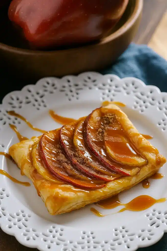 Caramel Apple Puff Pastries on a white lace plate with caramel drizzle