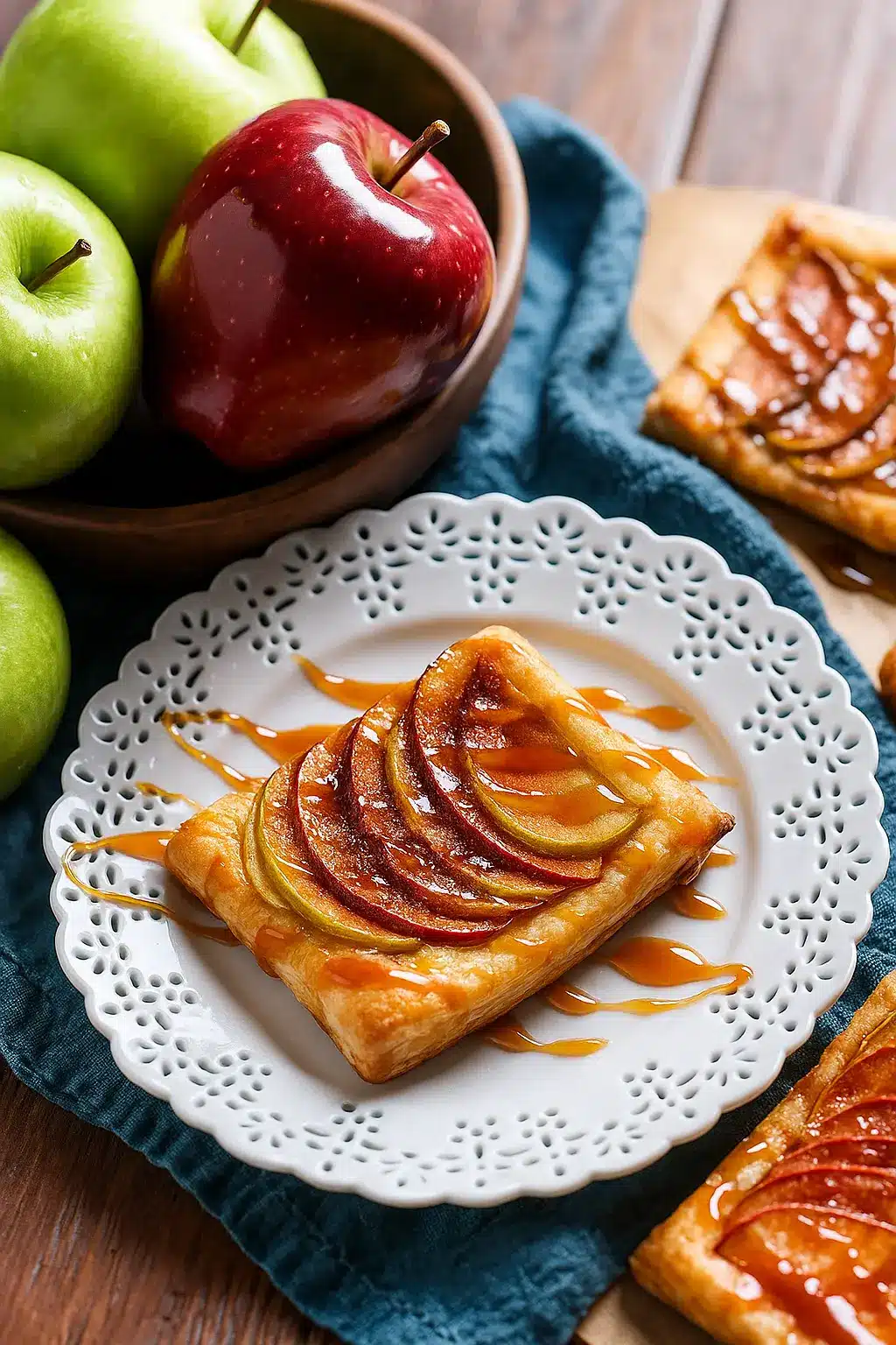 Caramel Apple Puff Pastries with caramel drizzle on a white plate