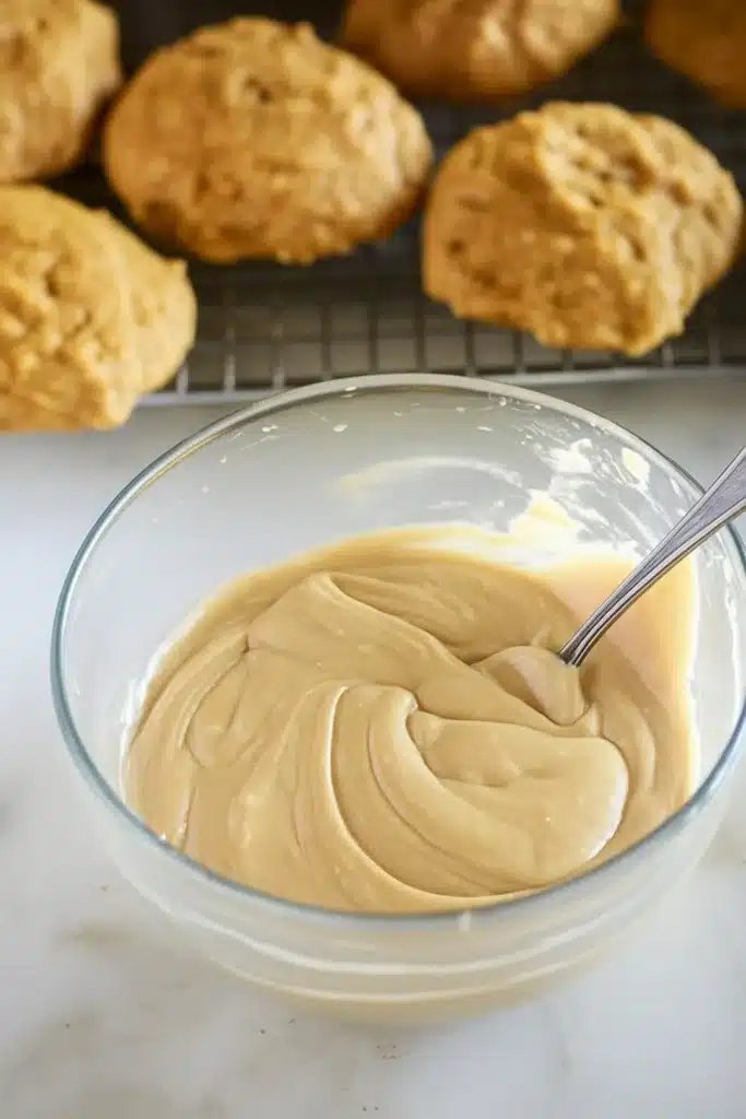 Bowl of caramel frosting beside pumpkin cookies on cooling rack