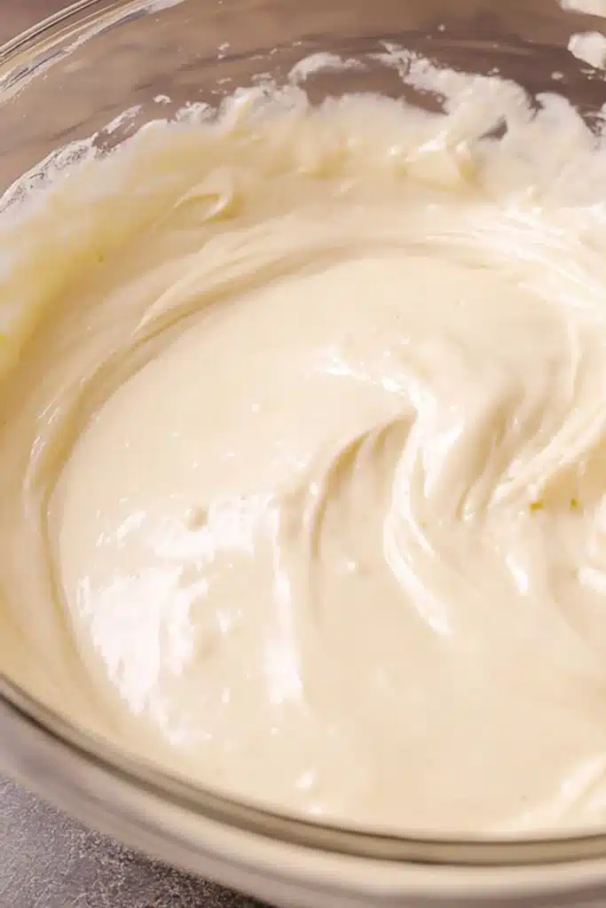 Smooth sugar cookie cheesecake batter in glass bowl ready to bake