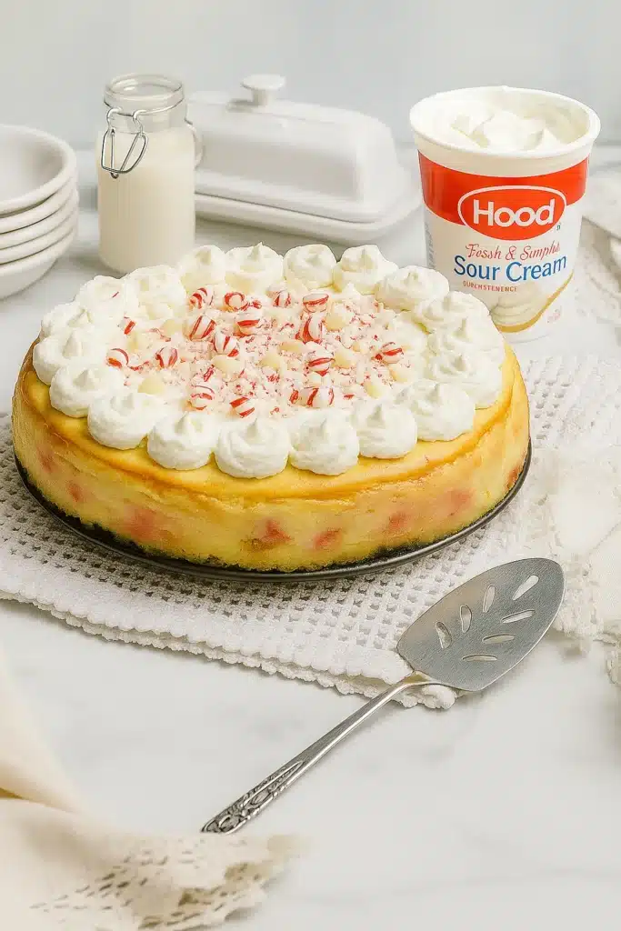 White chocolate peppermint cheesecake with Hood sour cream in cozy kitchen setup