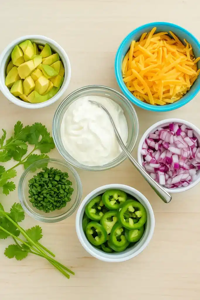 Chili toppings including avocado, sour cream, cheese, onions, jalapeños, and cilantro in bowls