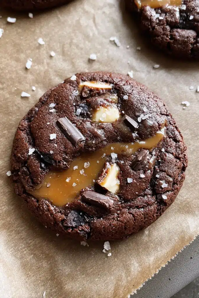 Chocolate Caramel Cookie with melted caramel center and chocolate chunks