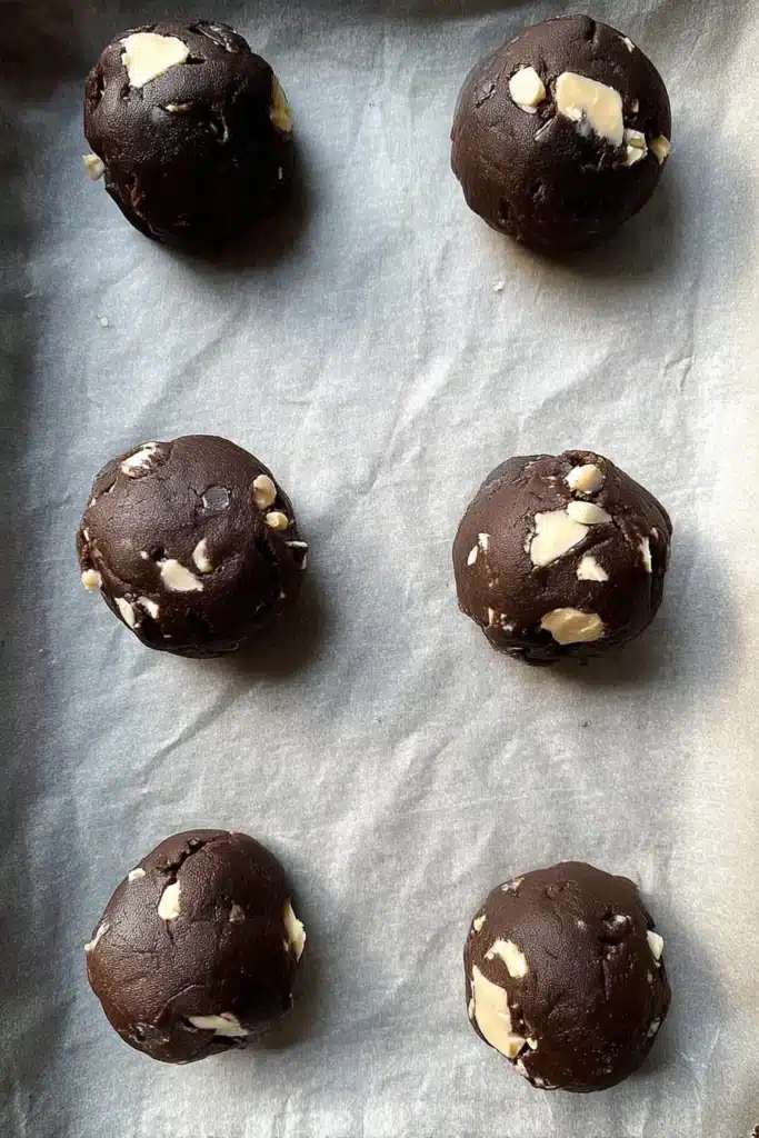 Unbaked Chocolate Caramel Cookies dough balls arranged on parchment