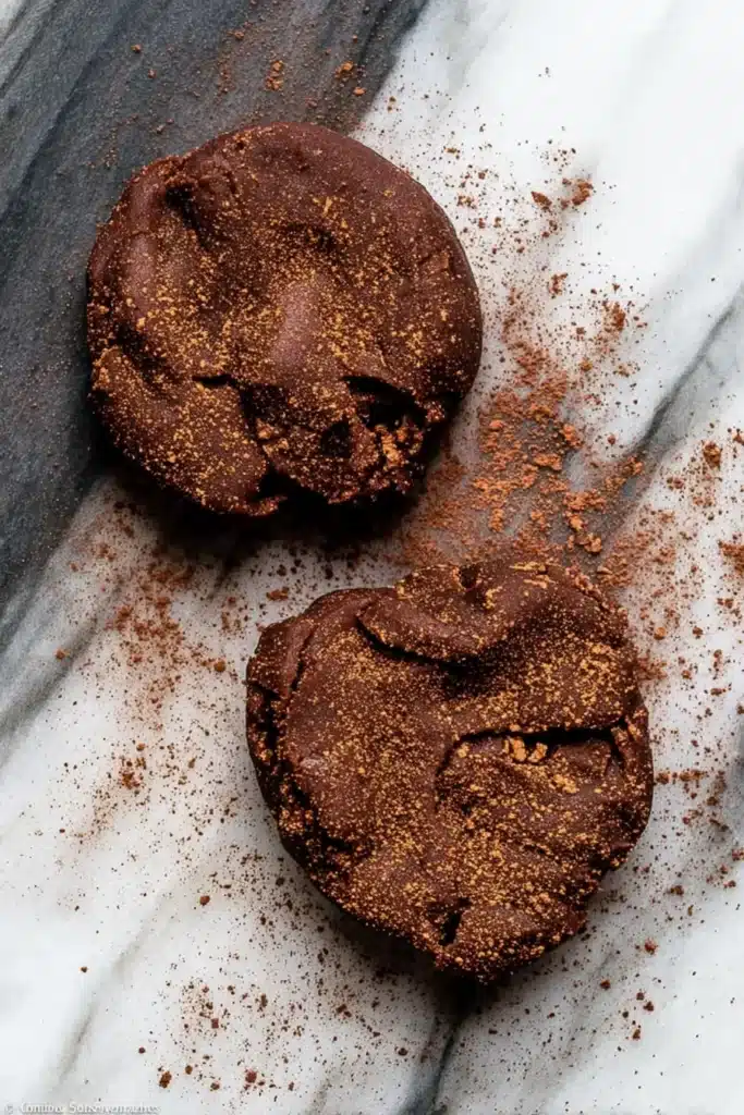 Chocolate cookie dough discs dusted with cocoa powder