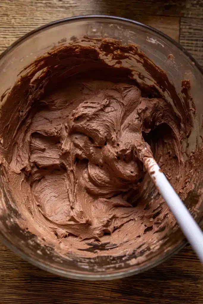 Whipped chocolate pie filling in bowl with spatula