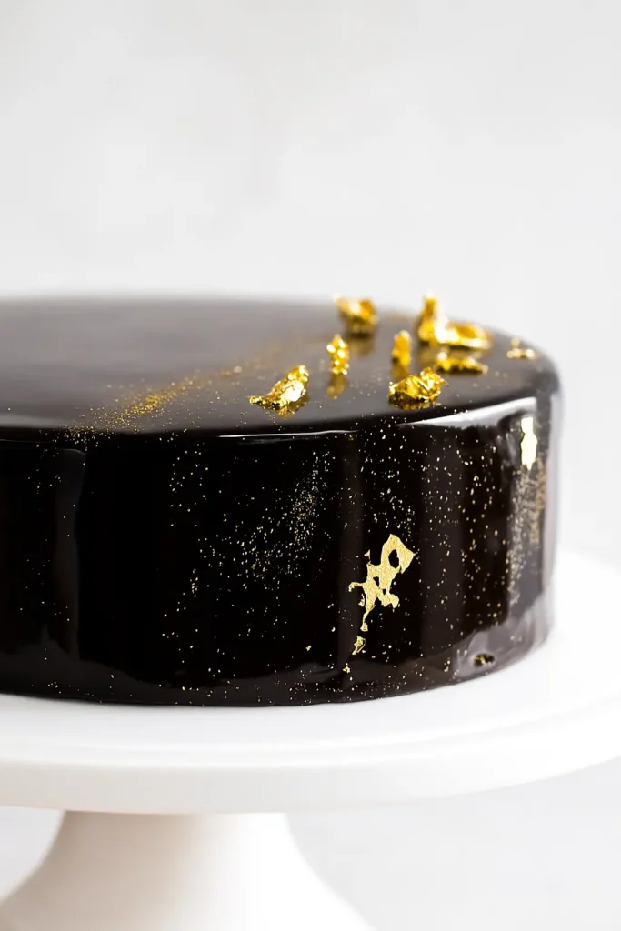 Chocolate mirror glaze cake with gold leaf and glossy finish on white stand
