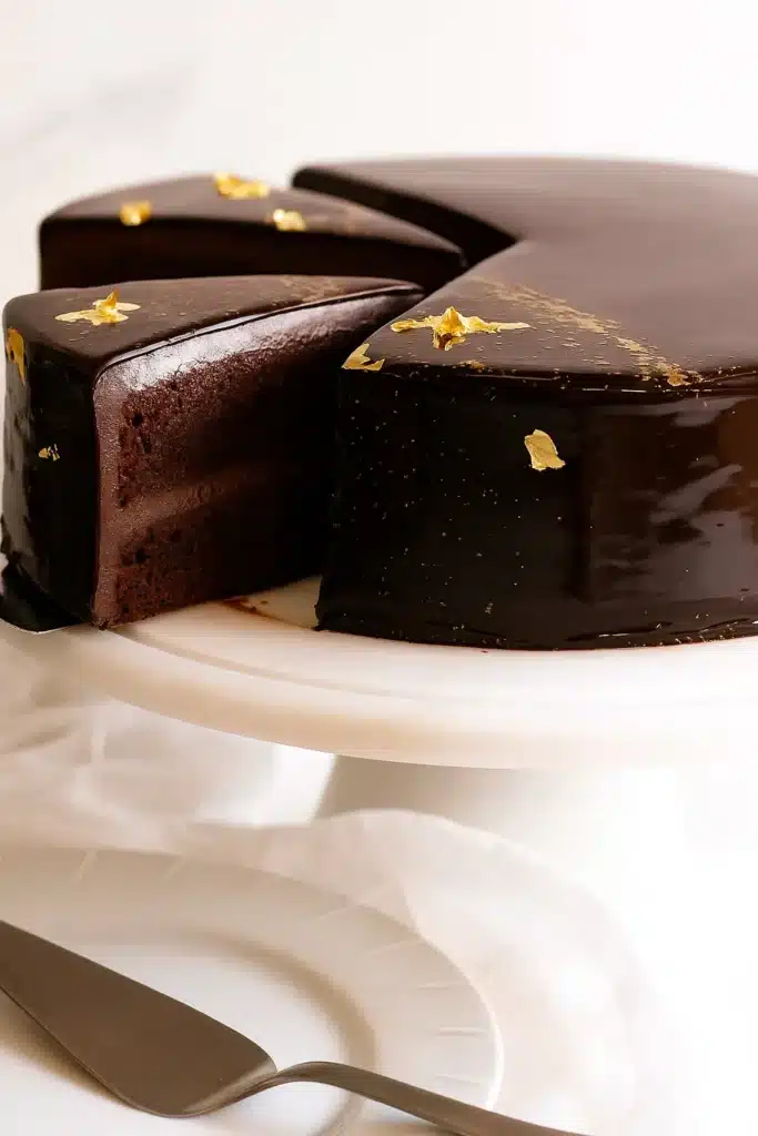 Whole chocolate mirror glaze cake with slice cut out and gold leaf decoration