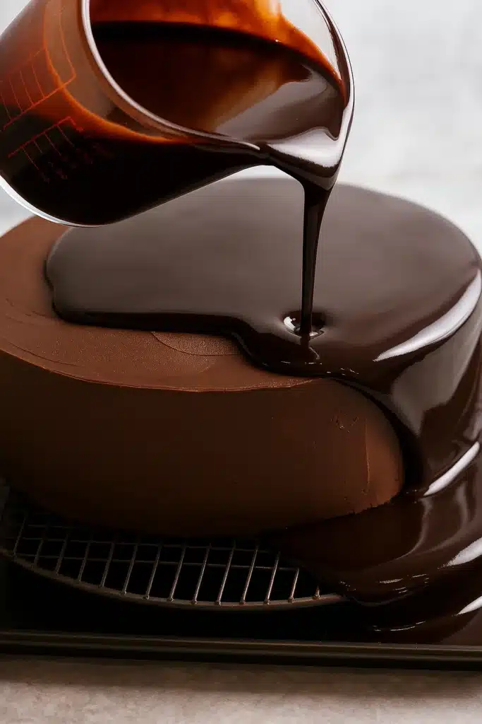 Pouring chocolate mirror glaze over frosted cake on wire rack