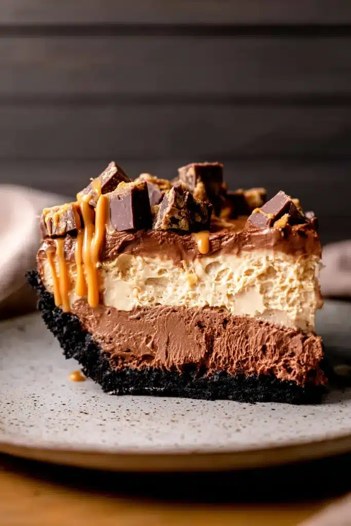 Slice of no-bake chocolate peanut butter pie with Oreo crust and candy topping
