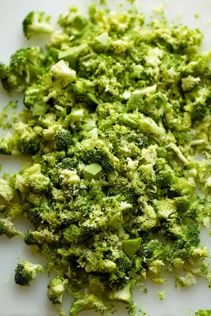 Finely chopped raw broccoli on a white board for pearl crunch salad
