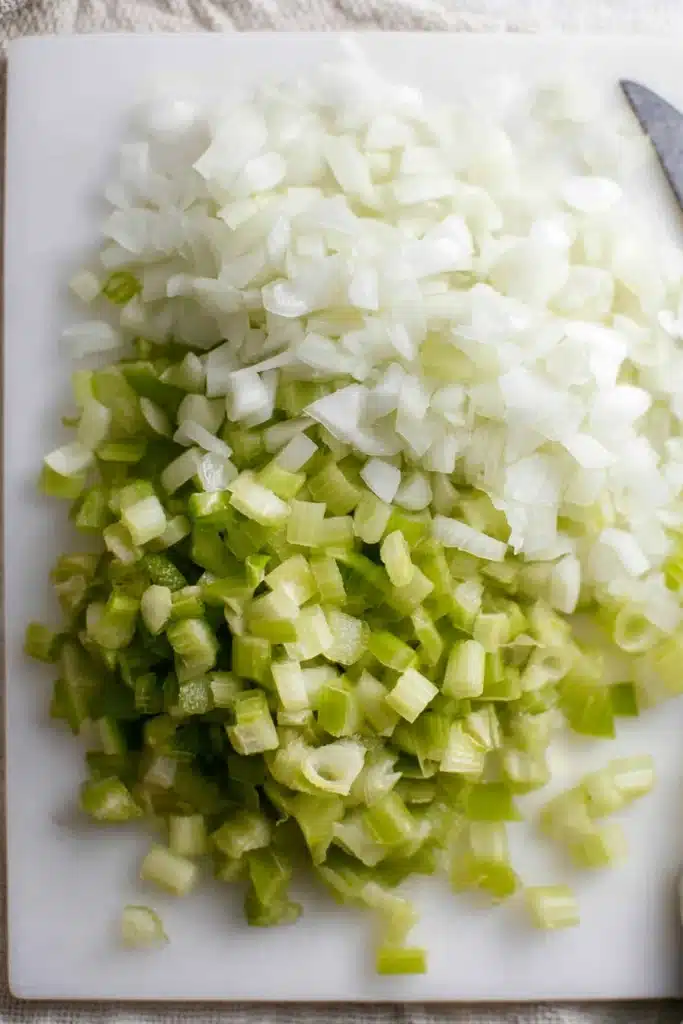 Chopped onions and celery on a cutting board for buttery herb stuffing