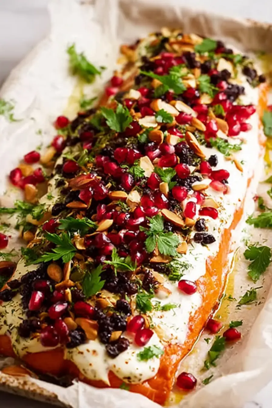 Christmas baked salmon topped with dill sauce, cranberries, pomegranate, and almonds
