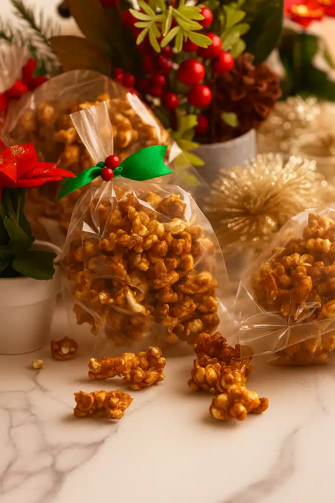 Christmas Popcorn Candy in festive treat bags with ribbon and holiday decor