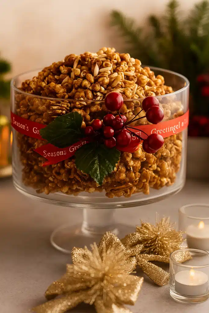 Christmas Popcorn Candy in a glass trifle bowl with festive ribbon and holiday decor