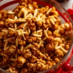 Christmas Popcorn Candy in a glass bowl with almonds, festive holiday background