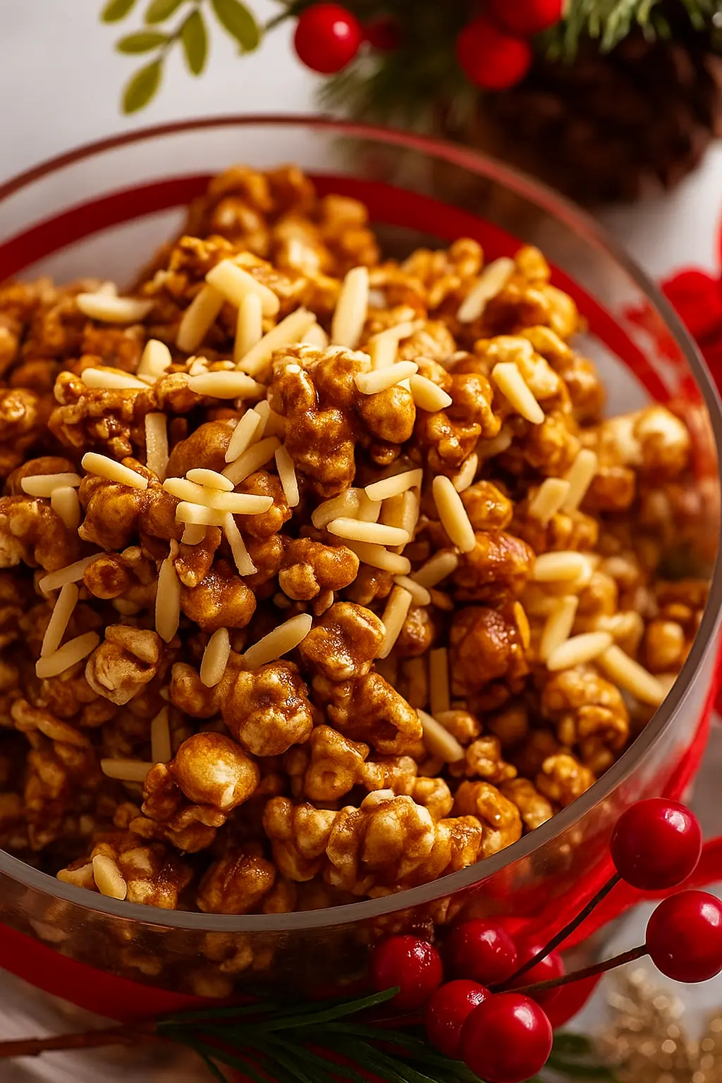 Christmas Popcorn Candy in a glass bowl with almonds, festive holiday background
