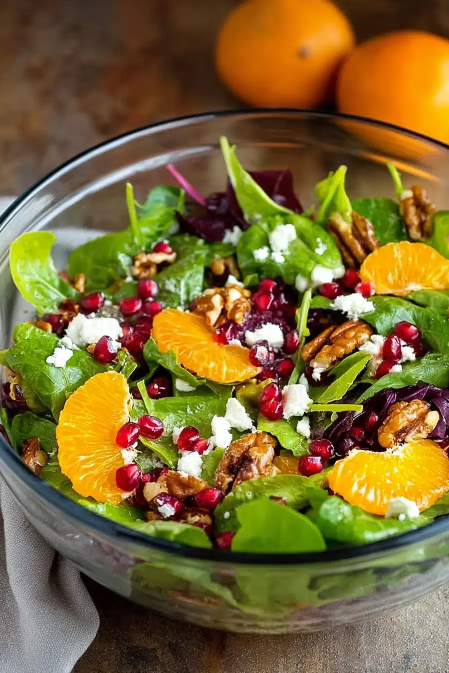 Christmas Salad Recipe with oranges, pomegranate, feta, and pecans in a glass bowl