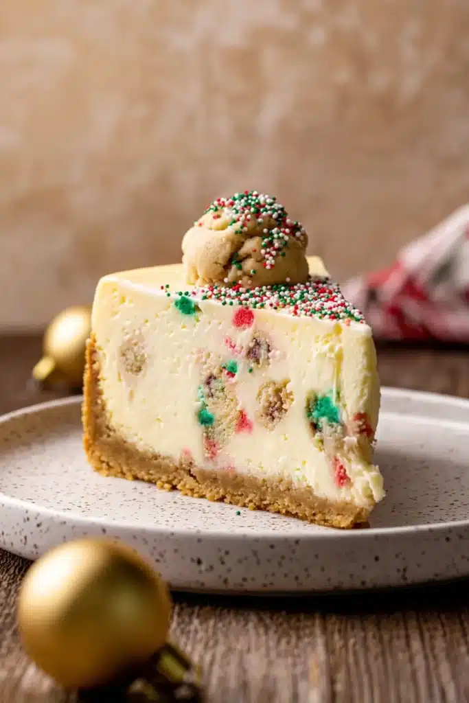 Front view of sugar cookie cheesecake slice with festive sprinkles and cookie dough