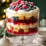 Christmas Trifle Recipe – Stunning & Easy Holiday Dessert 16 Layered Christmas trifle with custard, berries, and whipped cream in a glass bowl