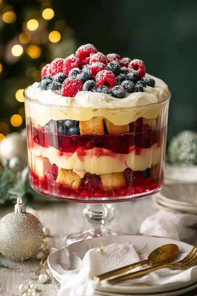 Layered Christmas trifle with custard, berries, and whipped cream in a glass bowl