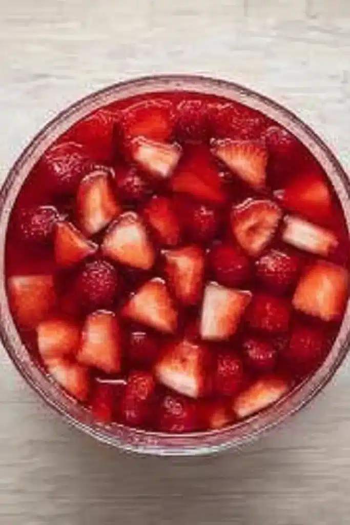 Christmas Trifle Recipe – Stunning & Easy Holiday Dessert 14 Strawberries layered in unset cranberry jelly for Christmas trifle