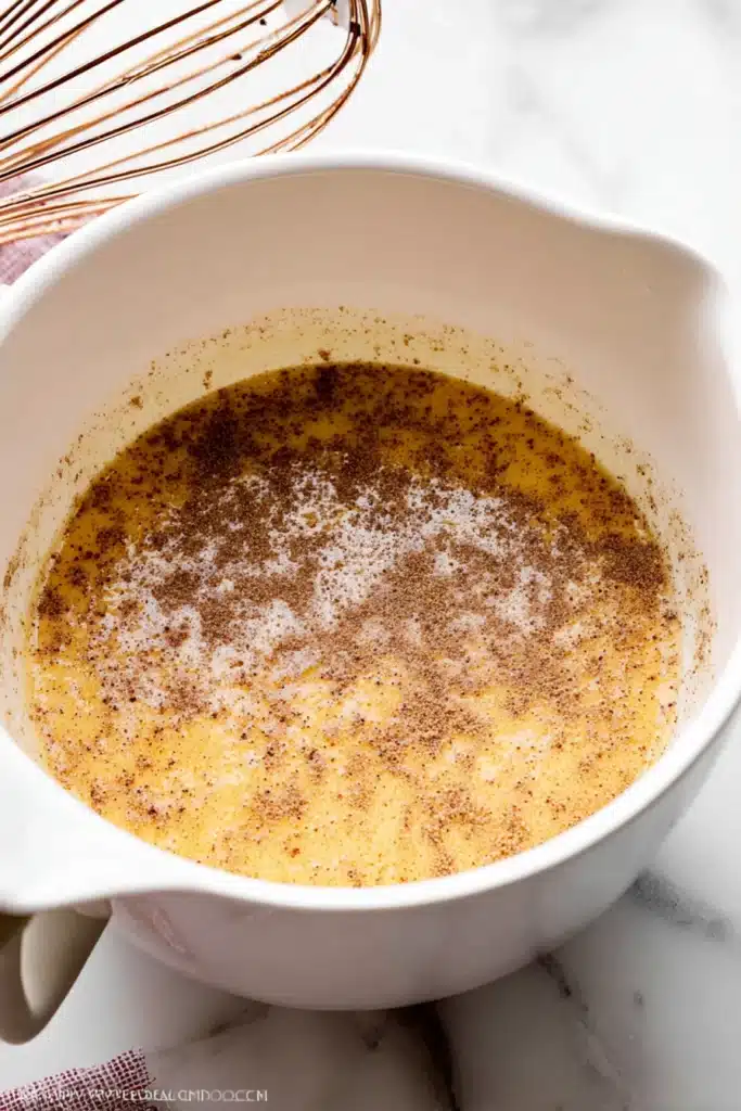 Cinnamon custard mixture for baked French toast casserole in white bowl