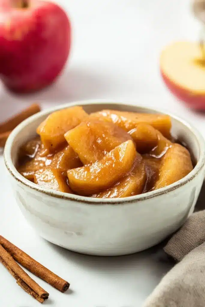 Slow Cooker Cracker Barrel Fried Apples in cinnamon glaze with cozy props