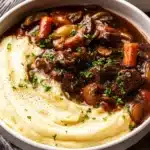 Classic Beef Bourguignon – Cozy, Delicious Holiday Favorite 18 Beef bourguignon served with mashed potatoes and chives in a white bowl