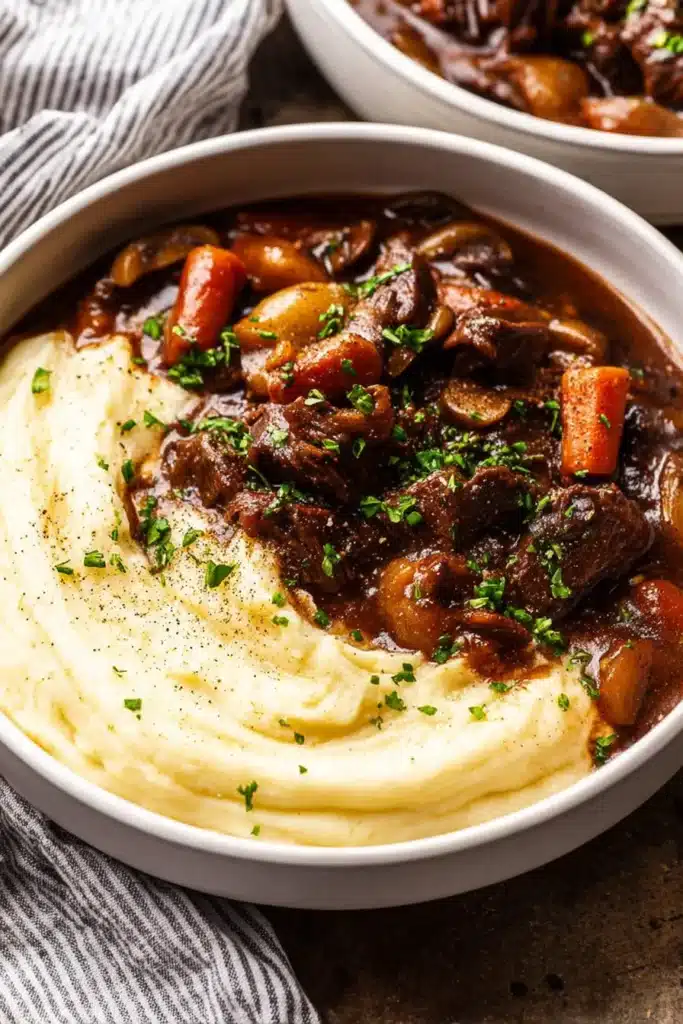Classic Beef Bourguignon – Cozy, Delicious Holiday Favorite 12 Beef bourguignon served with mashed potatoes and chives in a white bowl