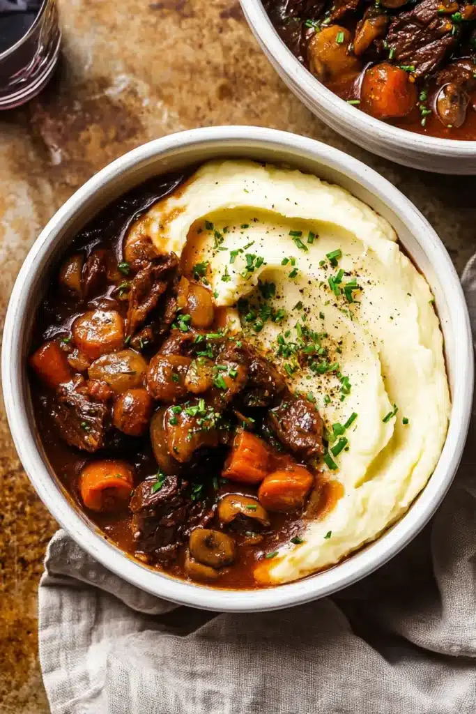 Classic beef bourguignon with mashed potatoes and chives in a white bowl