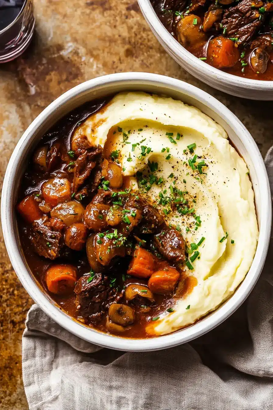 Classic beef bourguignon with mashed potatoes and chives in a white bowl