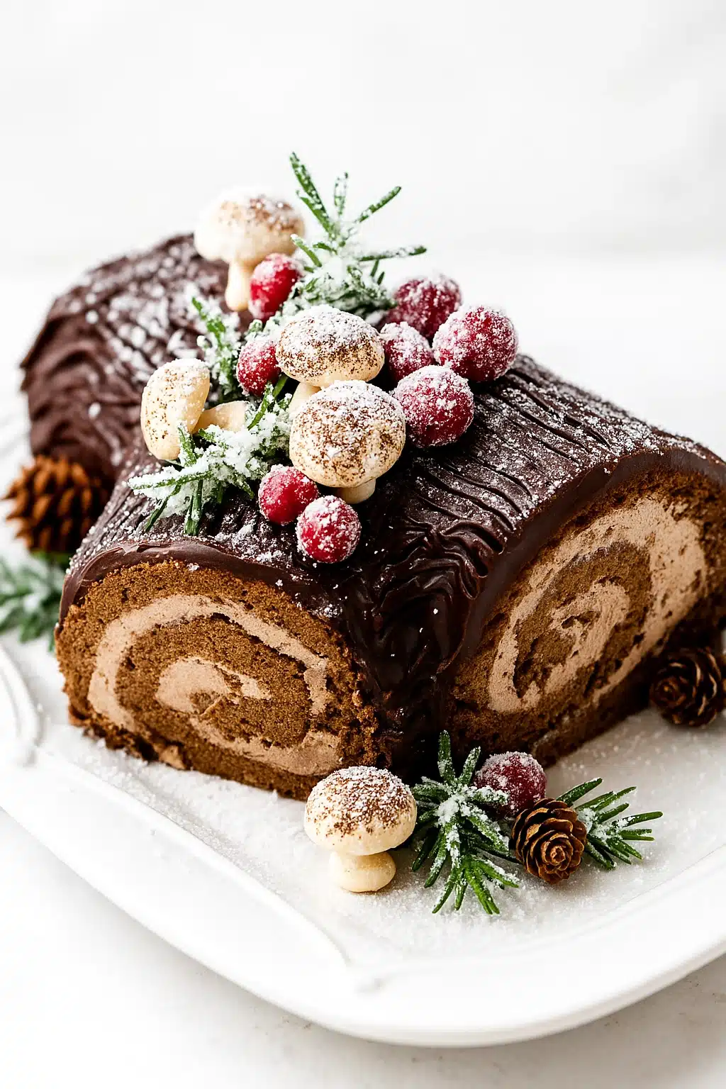 Classic Chocolate Yule Log with ganache, sugared cranberries, and festive garnish