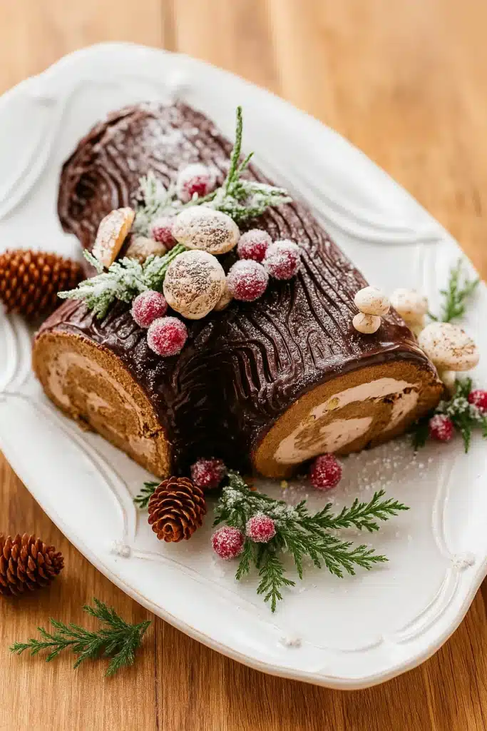 Classic Chocolate Yule Log with ganache, sugared cranberries, and rosemary garnish