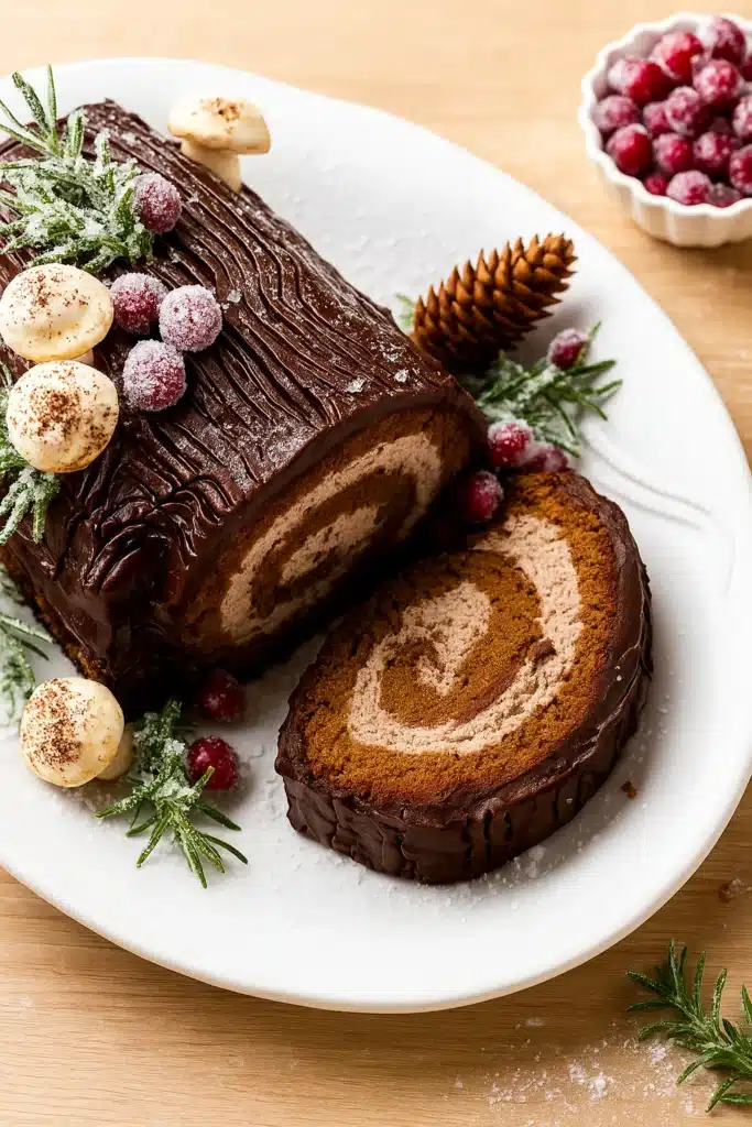 Classic Chocolate Yule Log slice with ganache and sugared cranberries