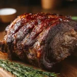 Classic Christmas Prime Rib roast with rosemary on wooden board