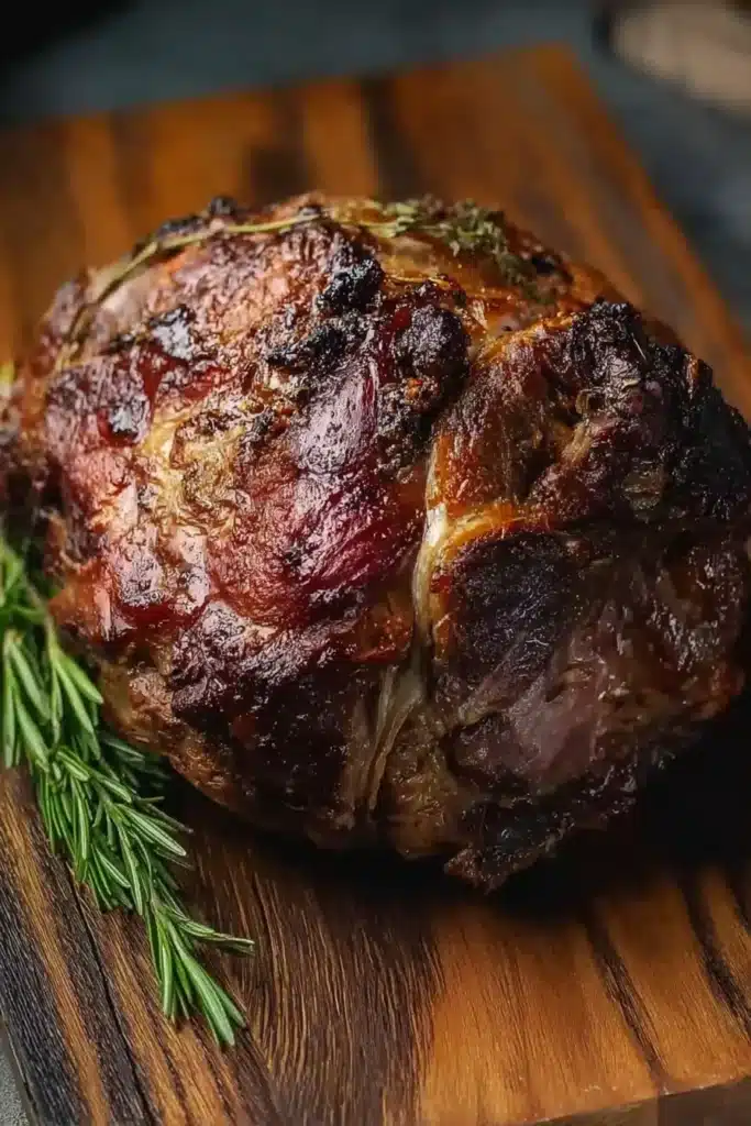 Classic Christmas Prime Rib with crispy crust on wooden board
