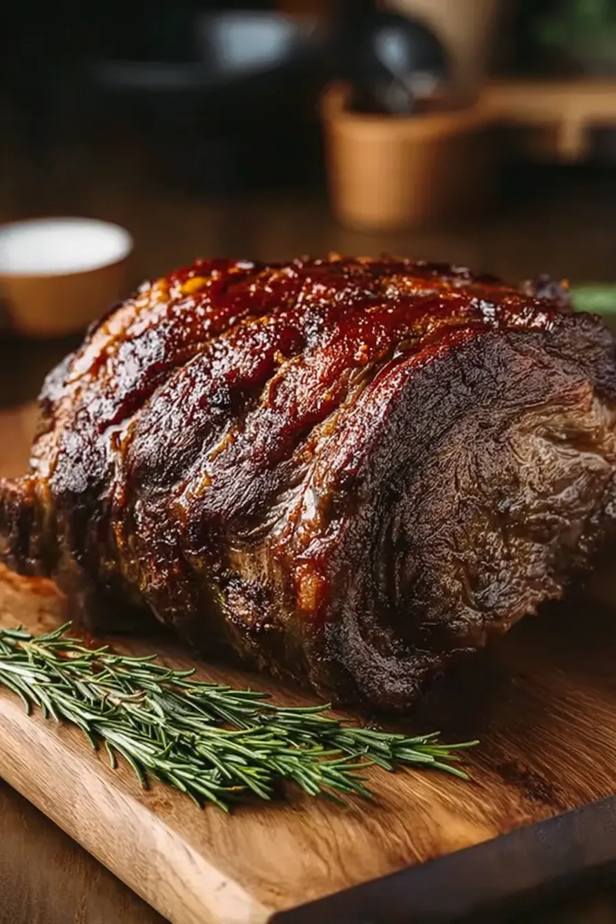 Classic Christmas Prime Rib roast with rosemary on wooden board