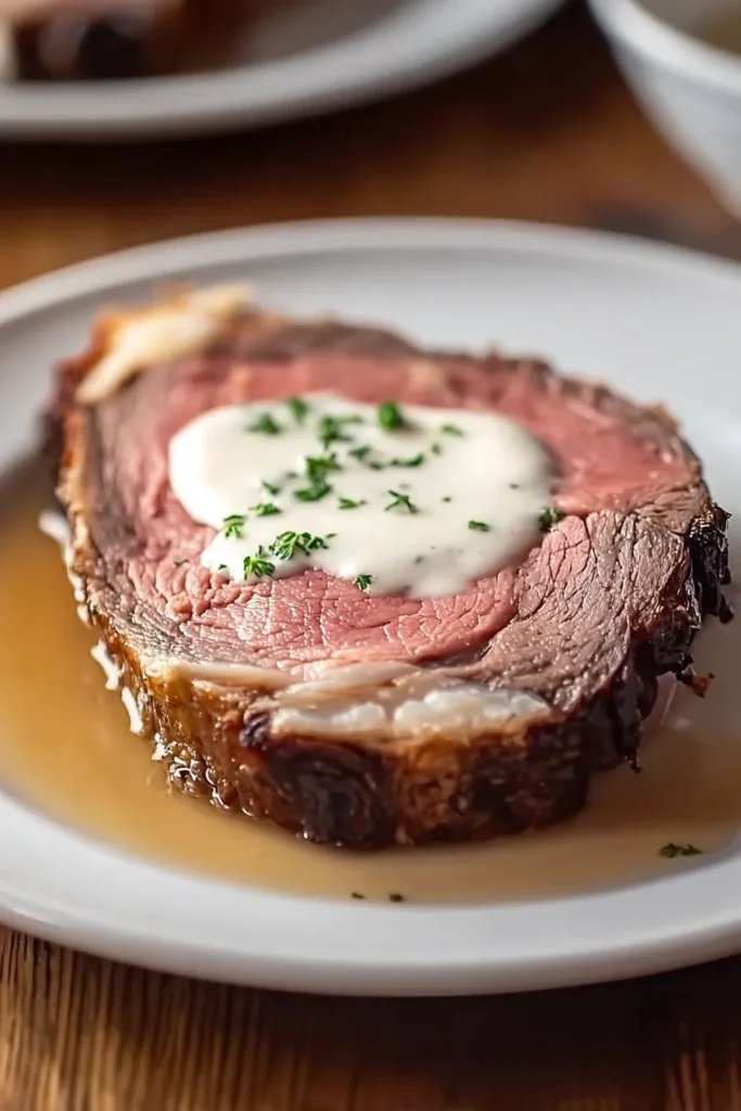 Classic Christmas Prime Rib slice with horseradish sauce