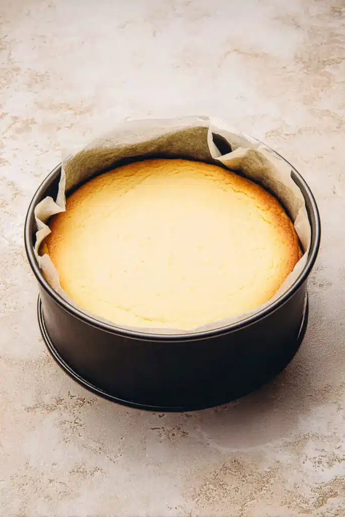Classic New York Cheesecake Recipe – Foolproof & Delicious 22 Baked classic New York cheesecake cooling in springform pan with parchment