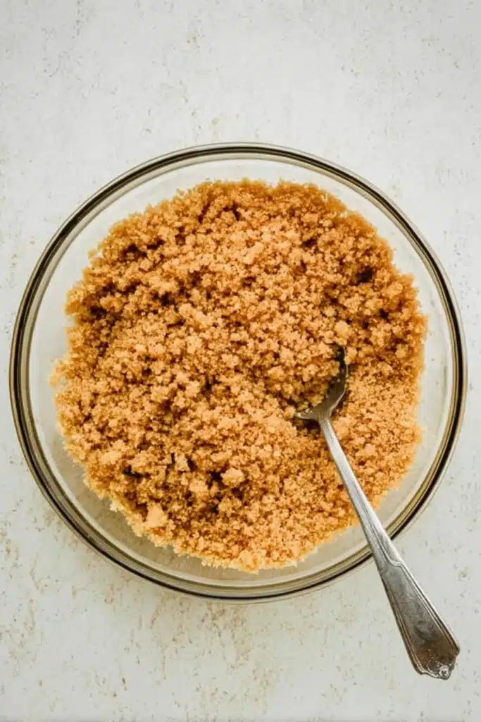 Classic New York Cheesecake Recipe – Foolproof & Delicious 18 Graham cracker crust mixture in a glass bowl for classic New York cheesecake