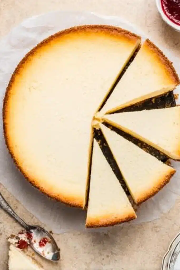 Top view of classic New York cheesecake with raspberry sauce and dessert forks