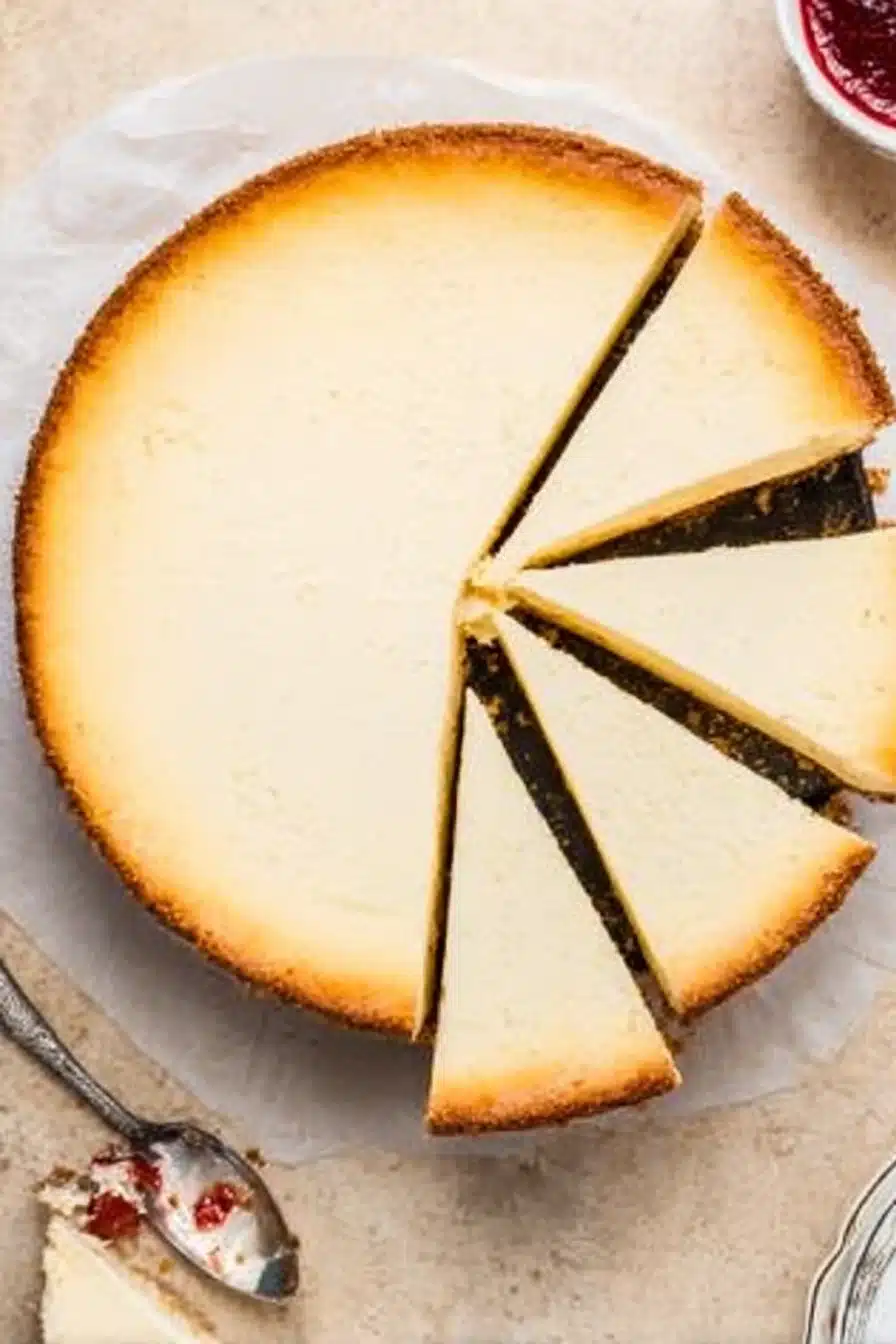 Top view of classic New York cheesecake with raspberry sauce and dessert forks