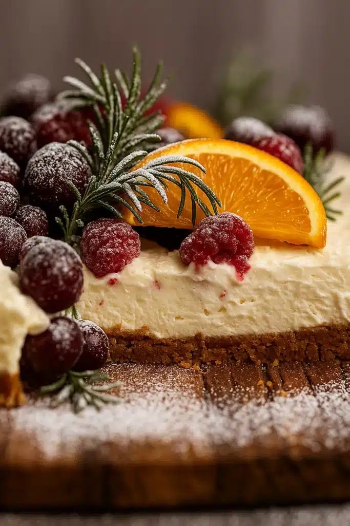 Easy Christmas cheesecake slab close-up with berries, orange slice, and rosemary on spiced crust