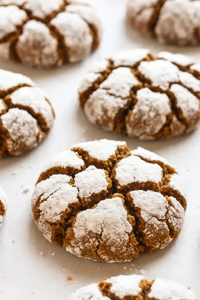 Close-up of chewy gingerbread crinkle cookies with powdered sugar coating
